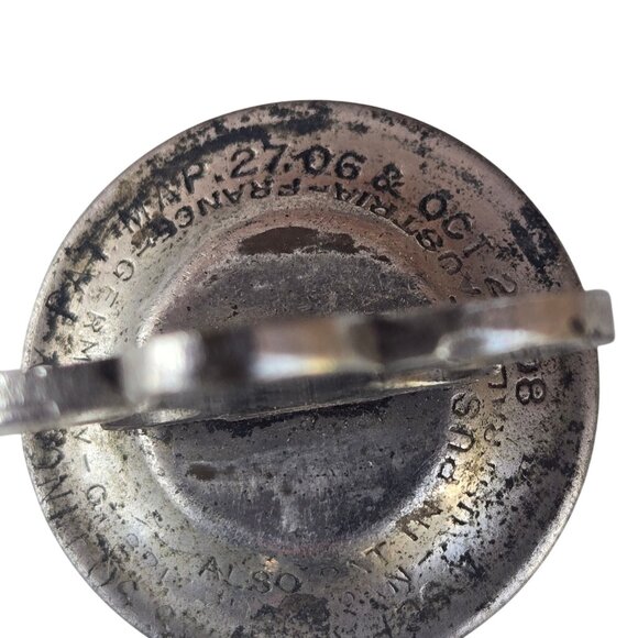 Vintage Fleur De Lis Metal Bottle Stopper Canteen Water Bag Cap Antique Schrader - Picture 8 of 16